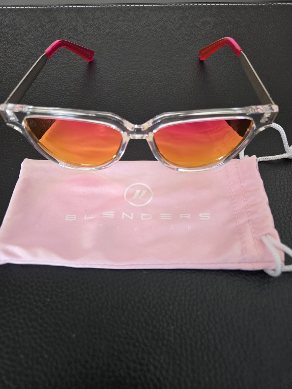Blenders Clear Frame Sunglasses with Pink-Orange Mirror Lenses